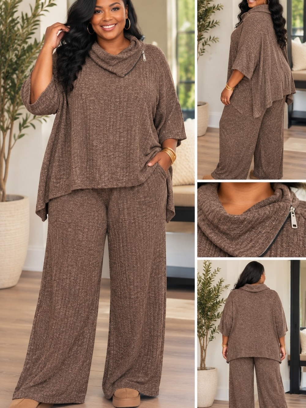 Dear Scarlett Size L Brown Ribbed Knit 2 Piece Lounge Set Wide Leg Pants